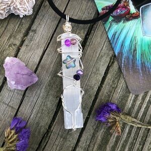 Wire Wrapped Selenite Pendant Necklace
